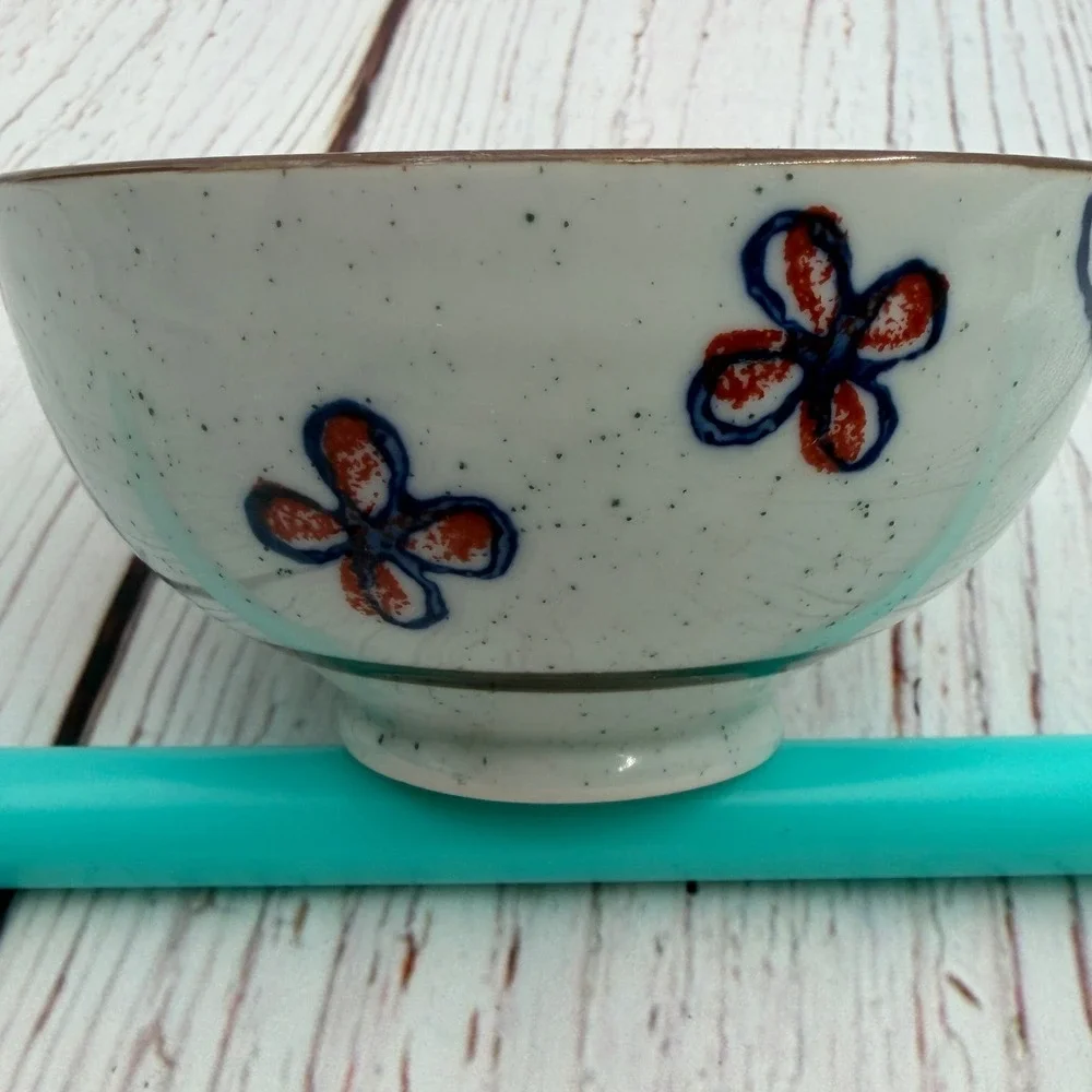 Japanese Iga-yaki Ceramic Cat Rice Bowl‎ Hand Painted Speckled Blue Orange 4.5